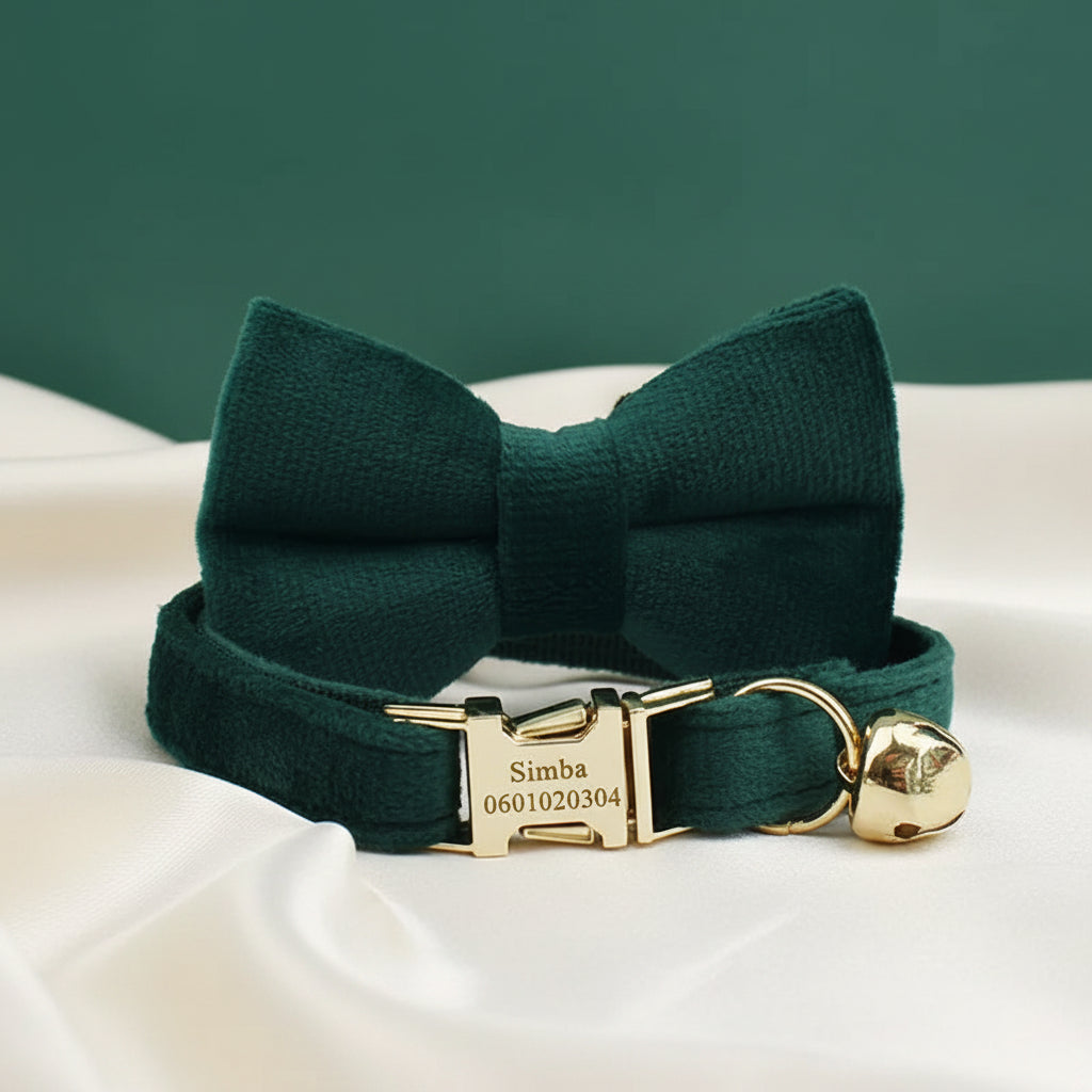 Collier Chat Personnalisé Velours - Vert Émeraude