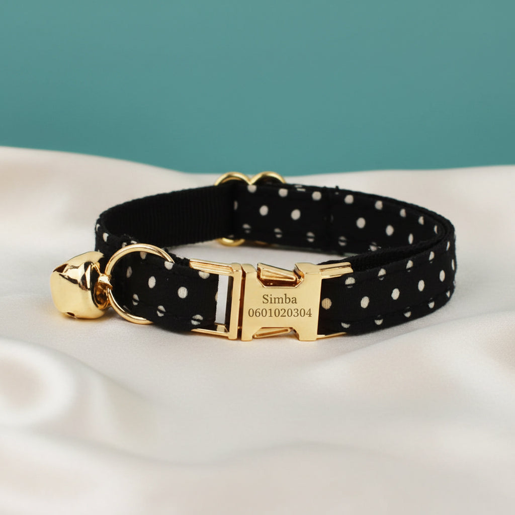 Collier Chat Personnalisé Velours - Noir à Pois