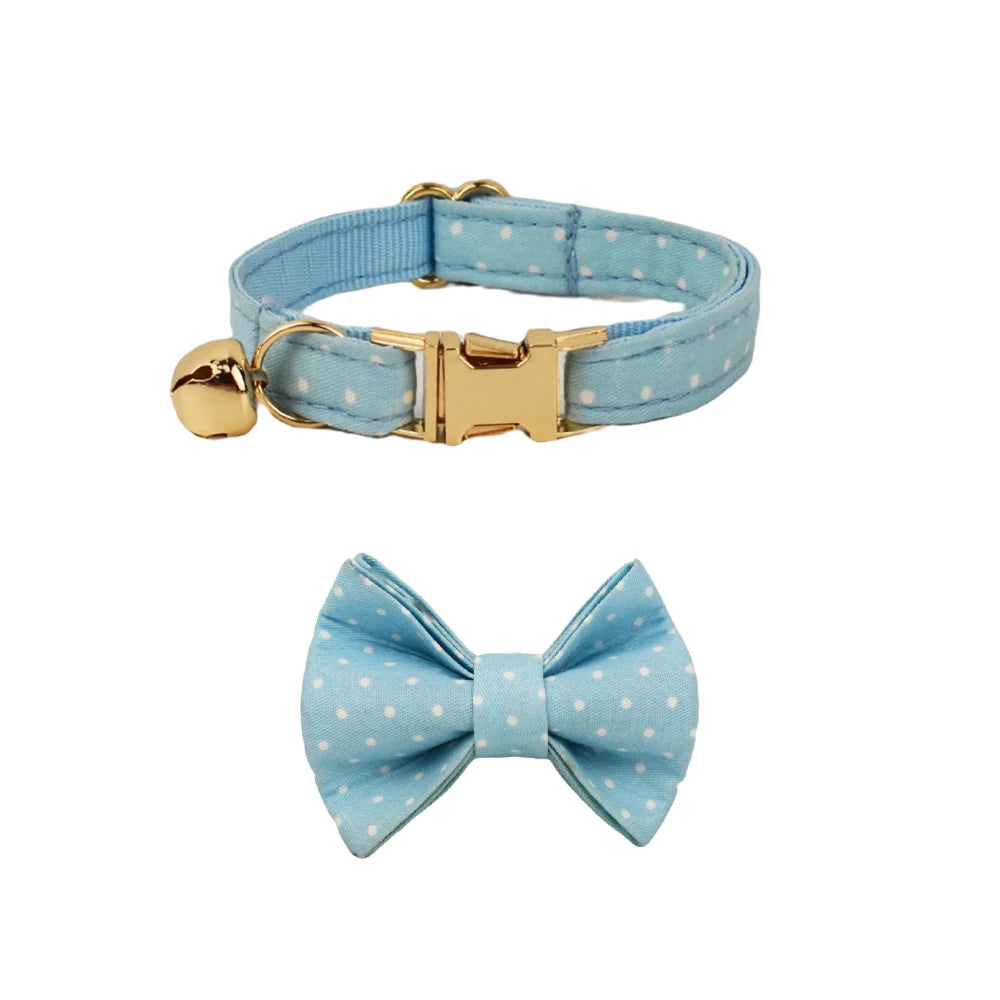 Collier Chat Personnalisé Velours - Bleu Ciel à Pois