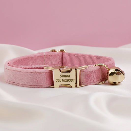Collier Chat Personnalisé Velours - Rose Poudré