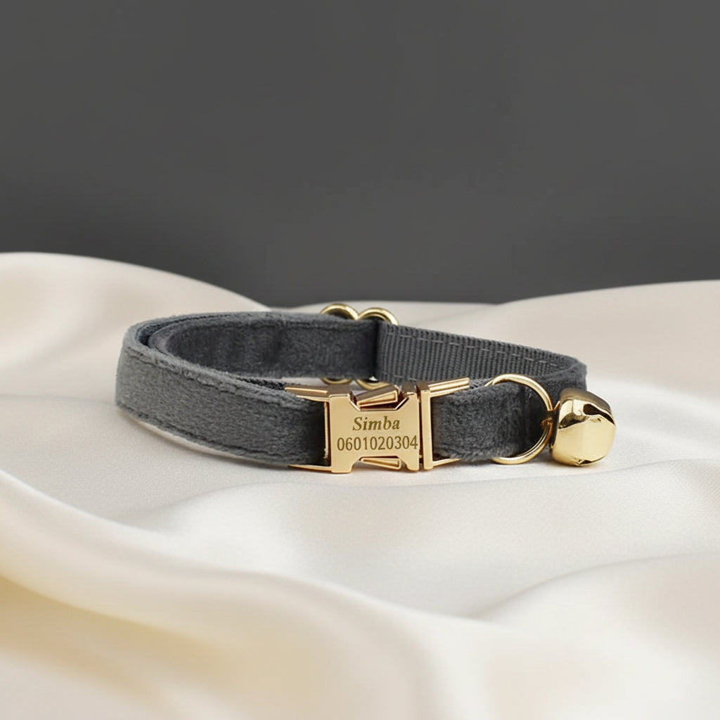 Collier Chat Personnalisé Velours - Gris souris