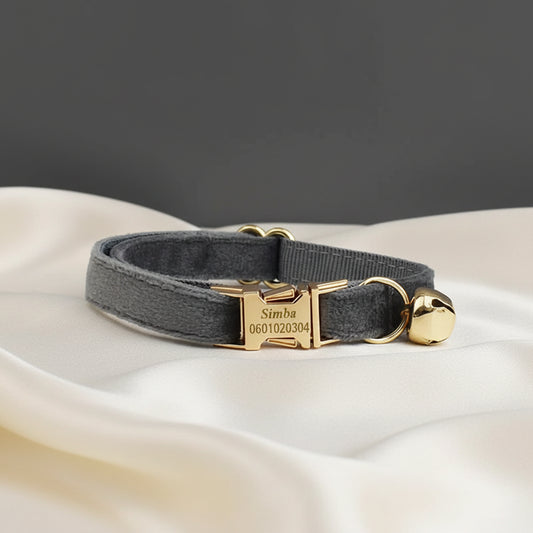 Collier Chat Personnalisé Velours - Gris souris