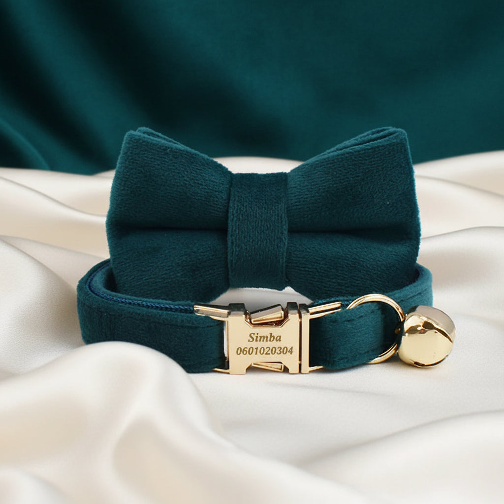 Collier Chat Personnalisé Velours - Bleu Canard