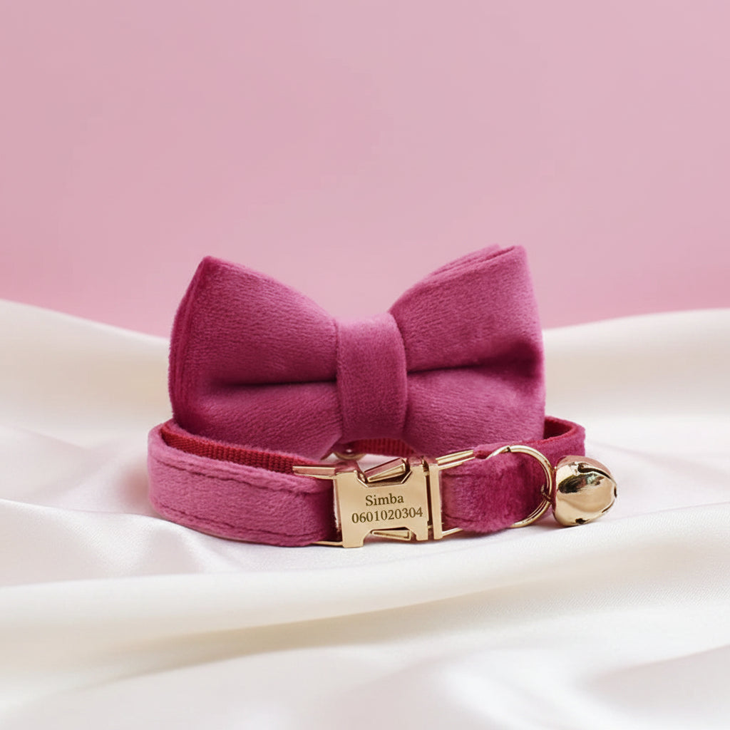 Collier Chat Personnalisé Velours - Rose Fuchsia