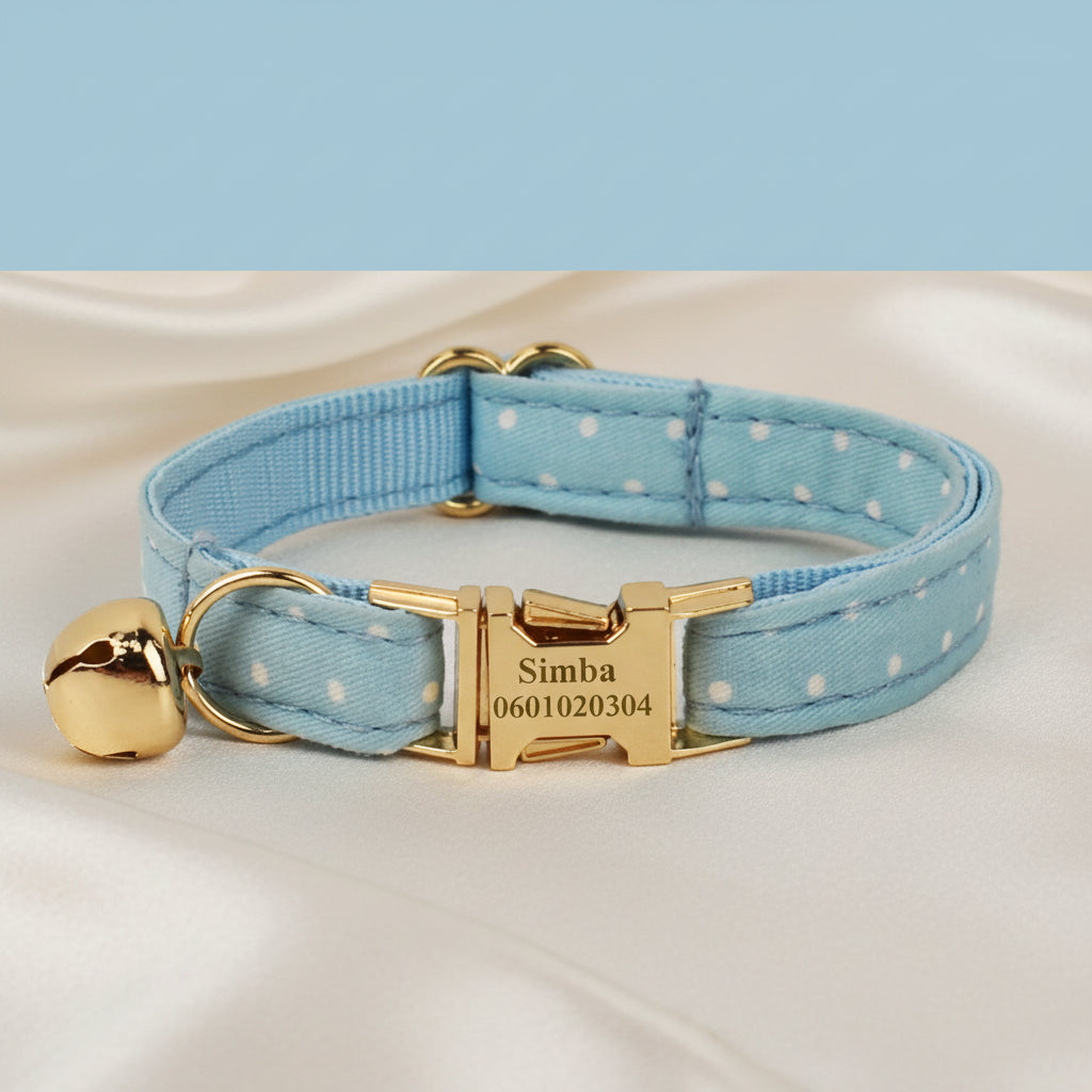 Collier Chat Personnalisé Velours - Bleu Ciel à Pois