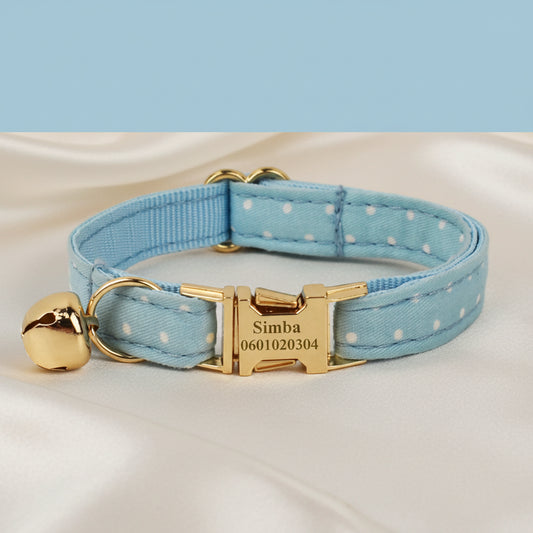 Collier Chat Personnalisé Velours - Bleu Ciel à Pois