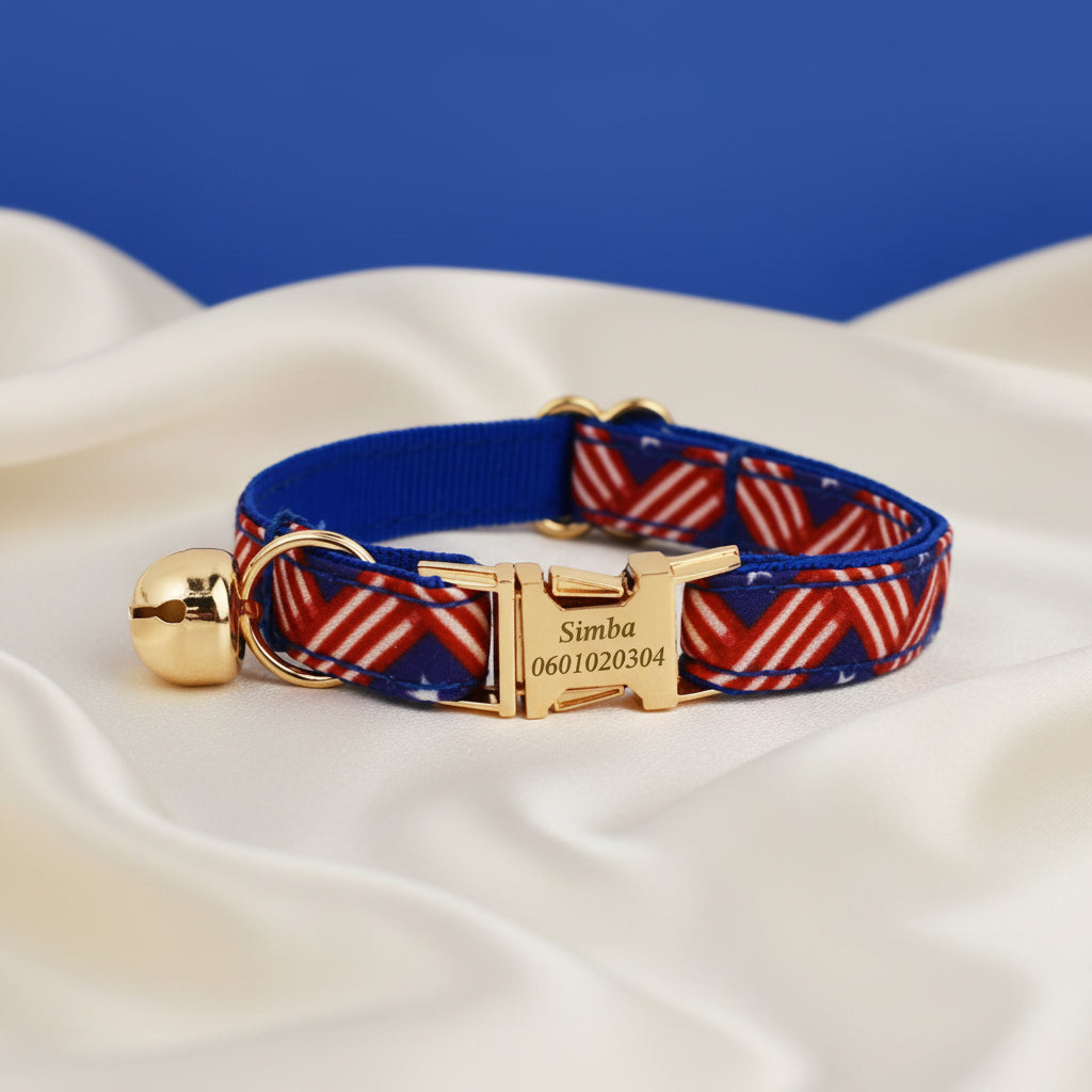 Collier Chat Personnalisé Motif - Patchwork USA