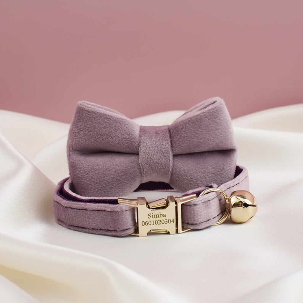 Collier Chat Personnalisé Velours - Violet Lilas