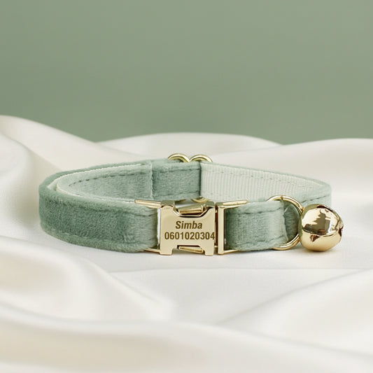 Collier Chat Personnalisé Velours - Vert Sauge