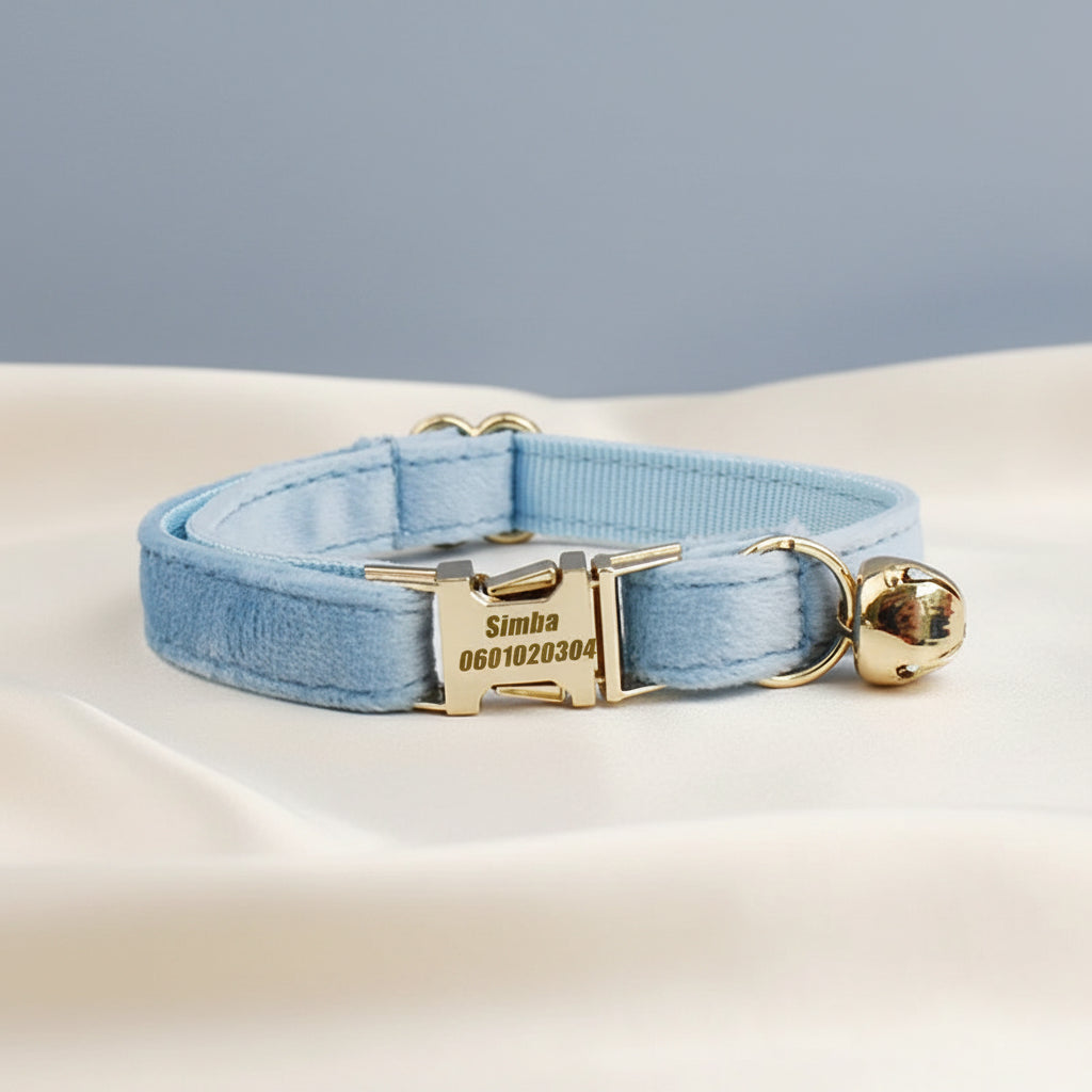 Collier Chat Personnalisé Velours - Bleu Ciel