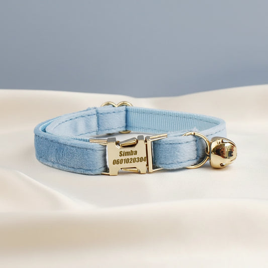Collier Chat Personnalisé Velours - Bleu Ciel