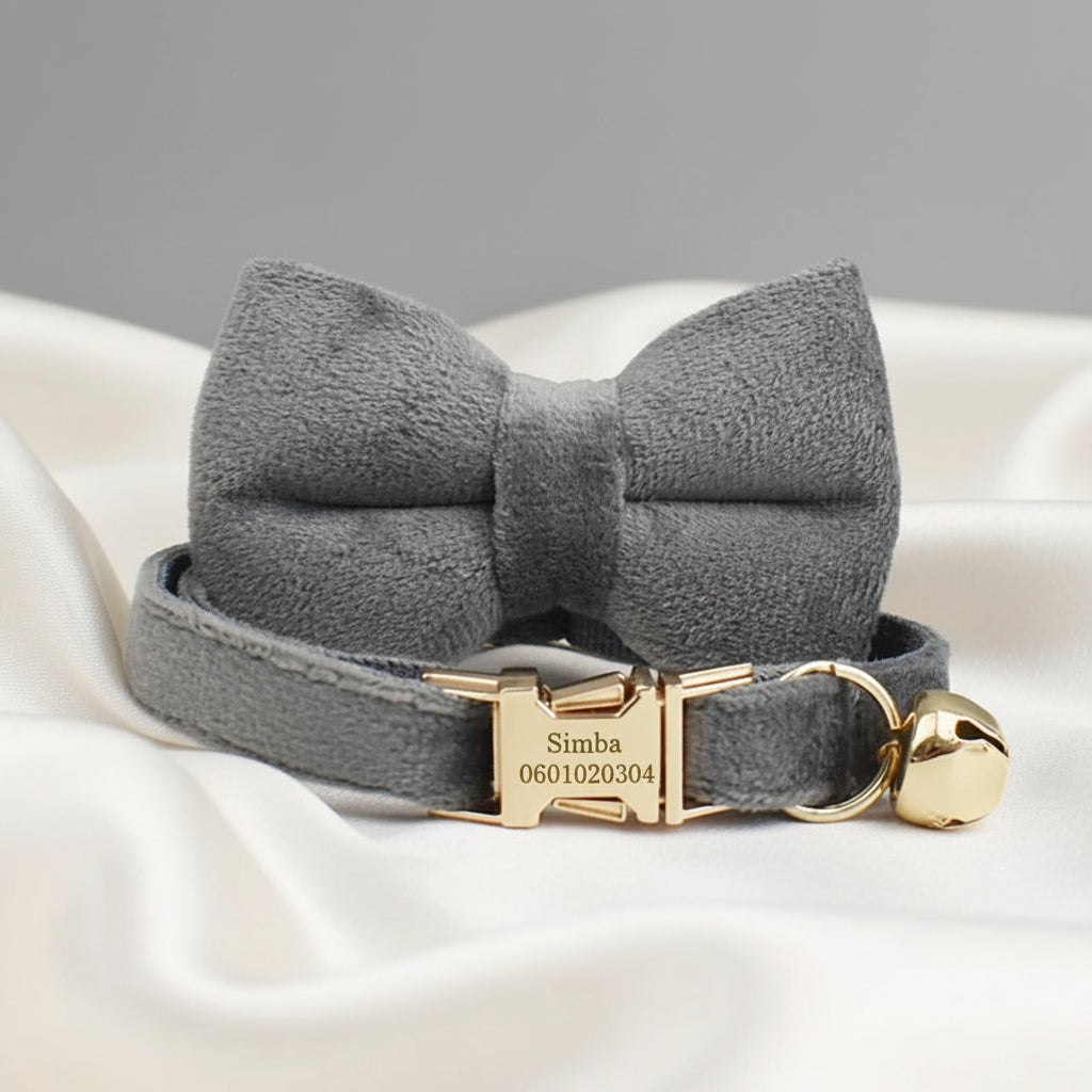 Collier Chat Personnalisé Velours - Gris souris