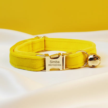 Collier Chat Personnalisé Velours - Jaune Moutarde