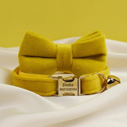 Collier Chat Personnalisé Velours - Jaune Moutarde