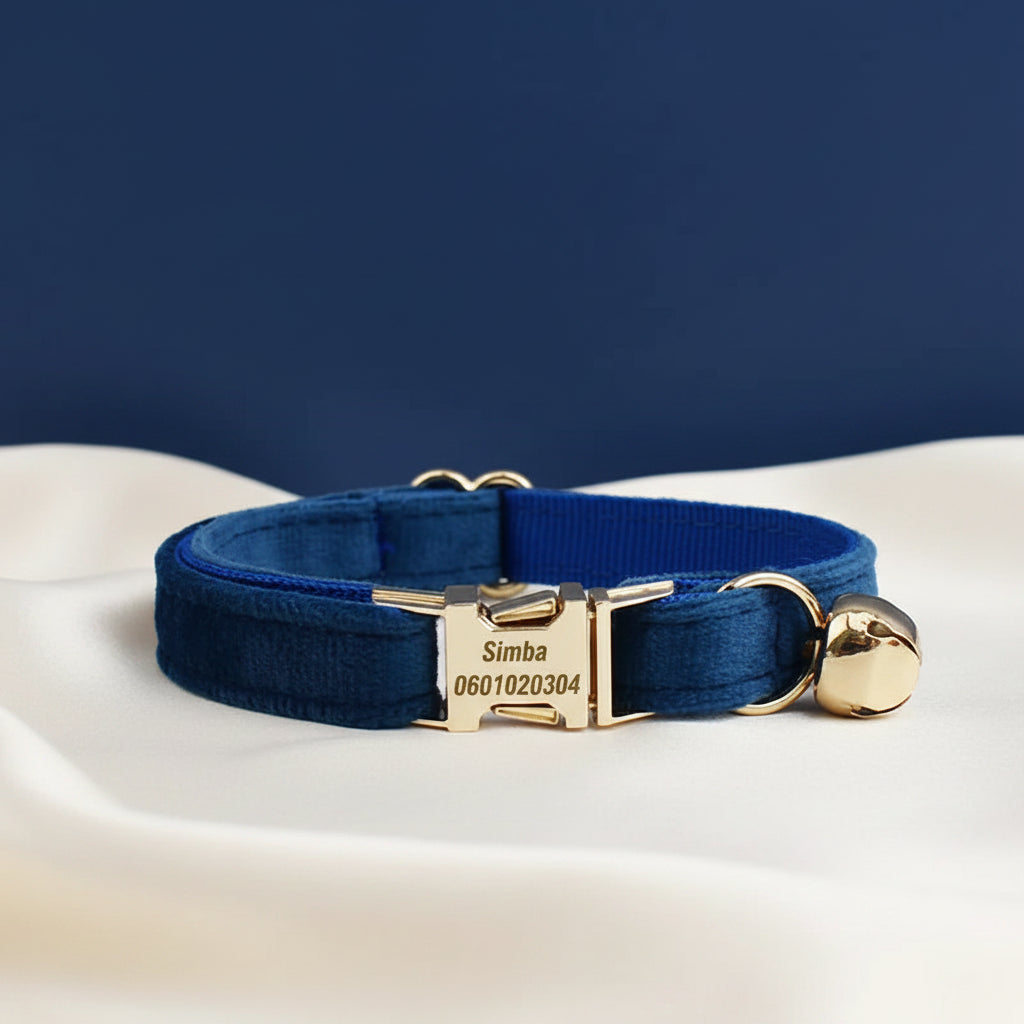 Collier Chat Personnalisé Velours - Bleu Marine