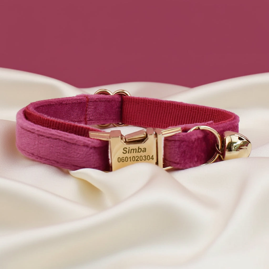 Collier Chat Personnalisé Velours - Rose Fuchsia