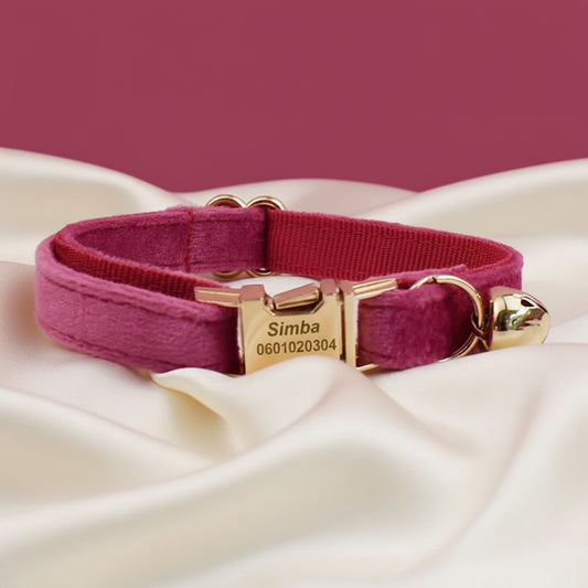 Collier Chat Personnalisé Velours - Rose Fuchsia