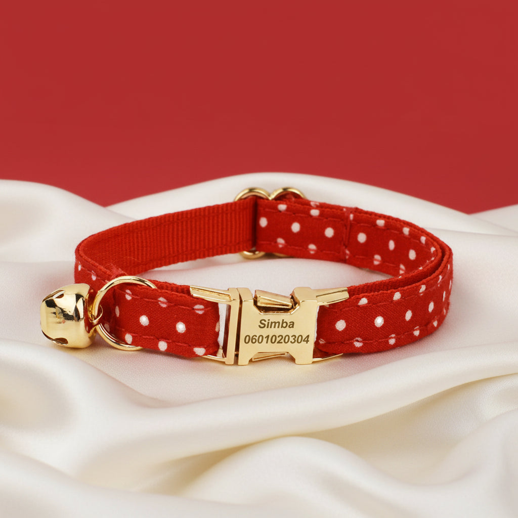 Collier Chat Personnalisé Velours - Rouge à Pois