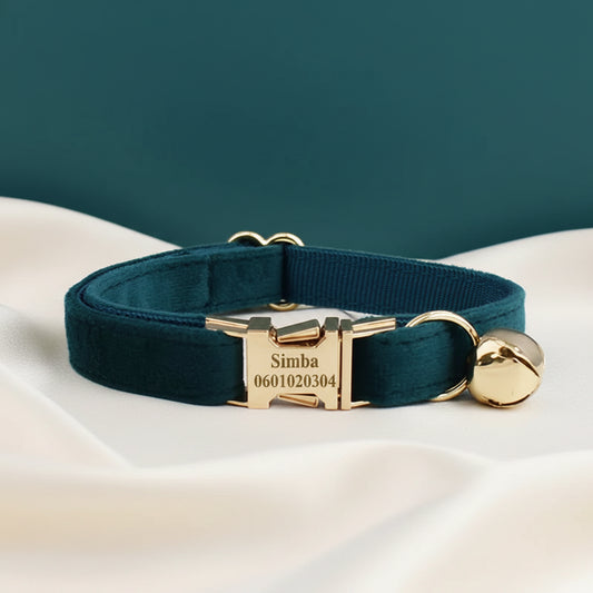 Collier Chat Personnalisé Velours - Bleu Canard