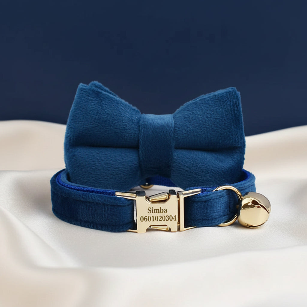 Collier Chat Personnalisé Velours - Bleu Marine
