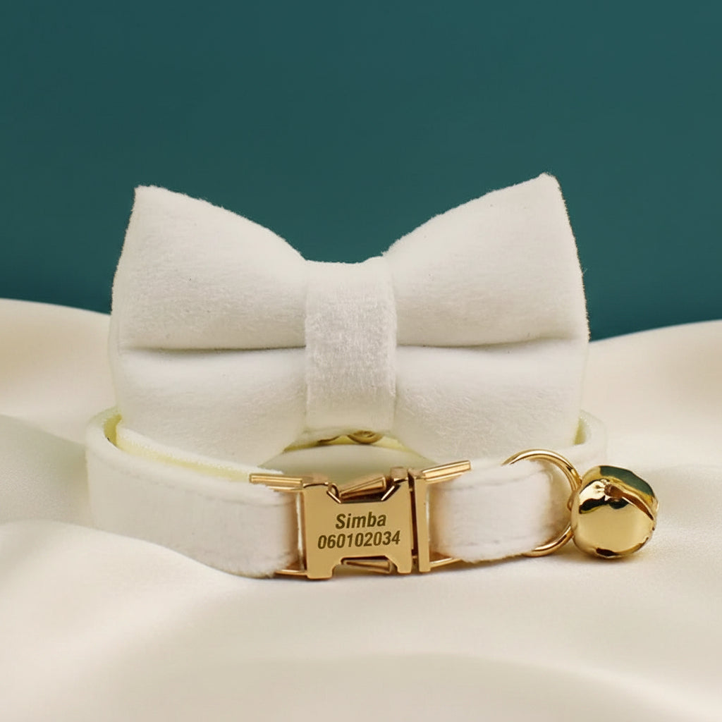 Collier Chat Personnalisé Velours - Blanc Crème
