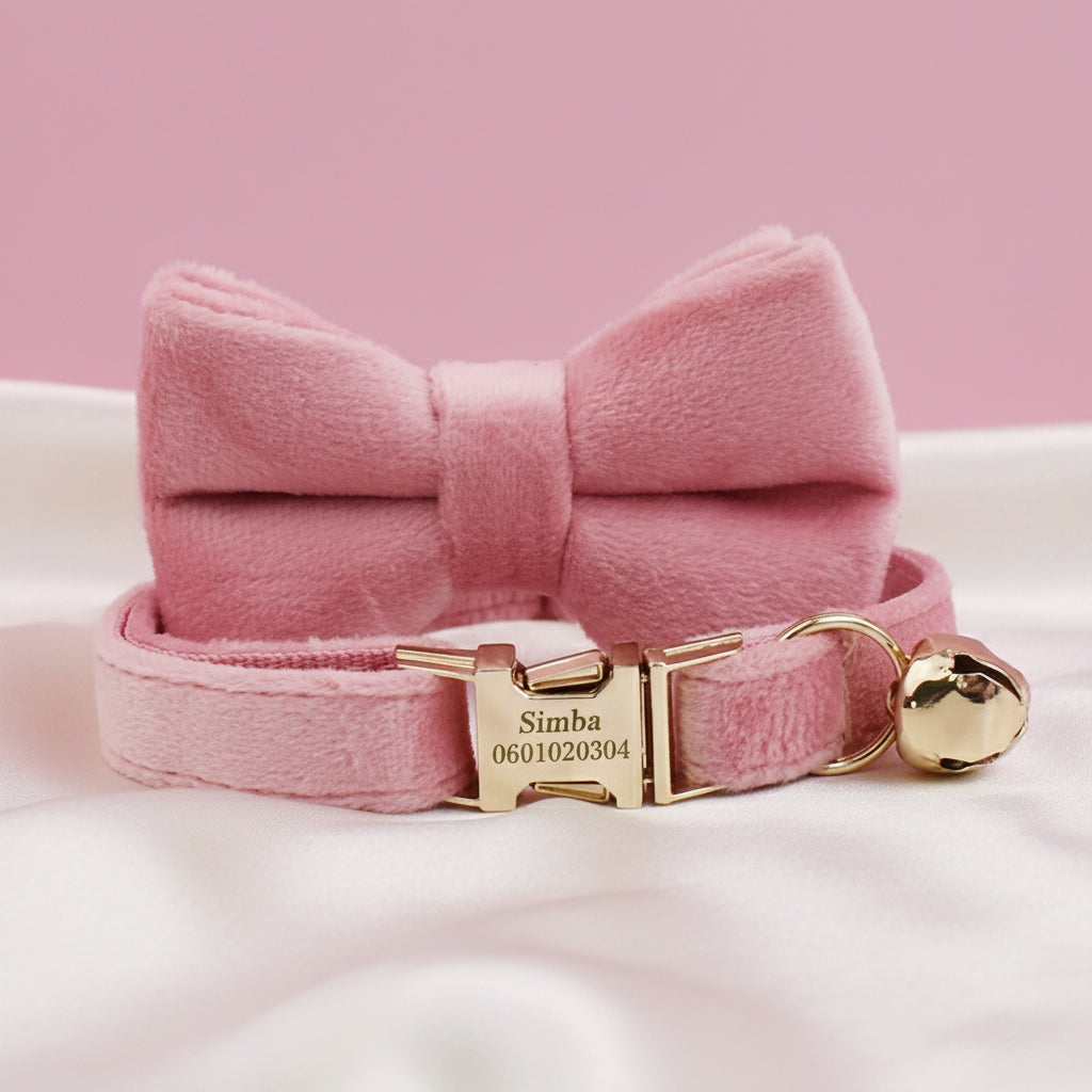 Collier Chat Personnalisé Velours - Rose Poudré