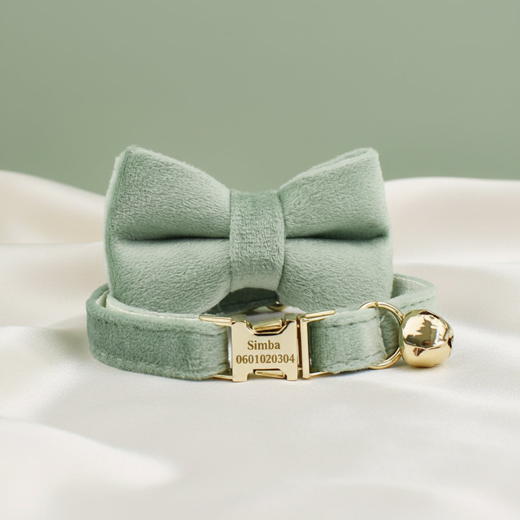 Collier Chat Personnalisé Velours - Vert Sauge