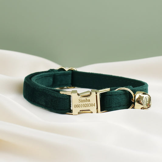 Collier Chat Personnalisé Velours - Vert Émeraude